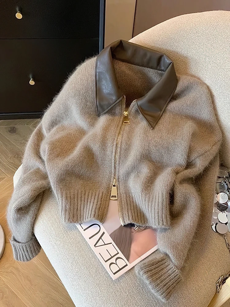 Patchwork Zipper Cropped Cardigan Women 400g Thick Autumn Knitted Sweater Bomber Jacket Vintage 2000s Short Fitted Knitwear Coat