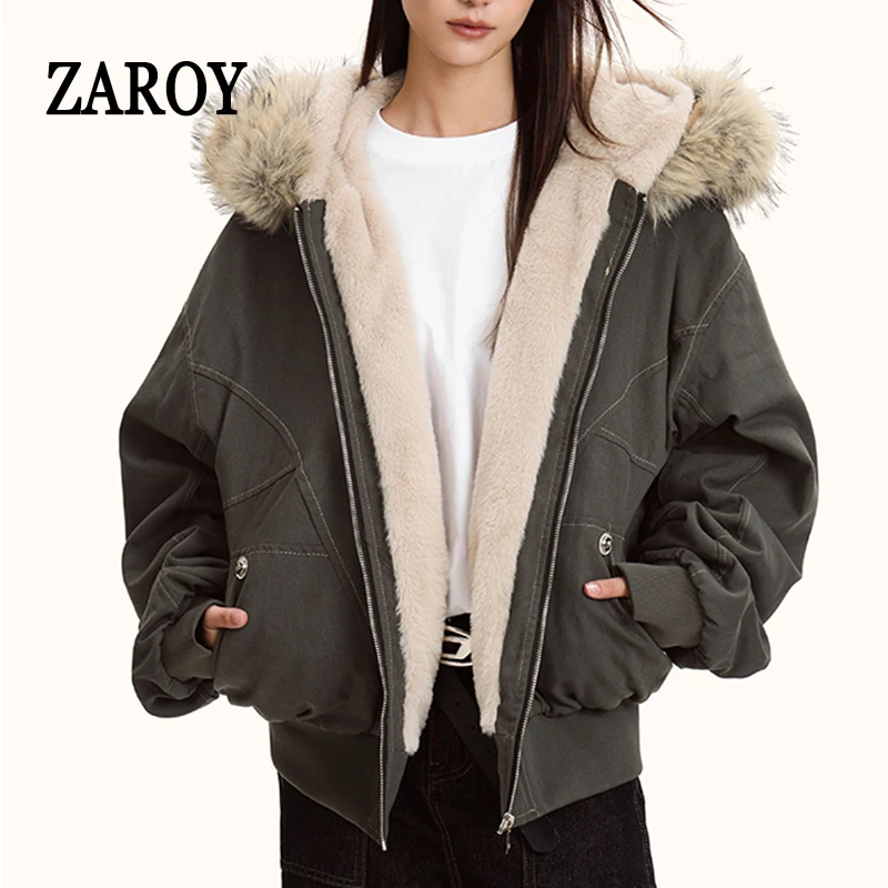 ZAROY Fur Collar Hooded Parkas Y2k Harajuku Thicken Padded Jackets Casual Zipper Gothic Women&Men Winter Coats Streetwear ???