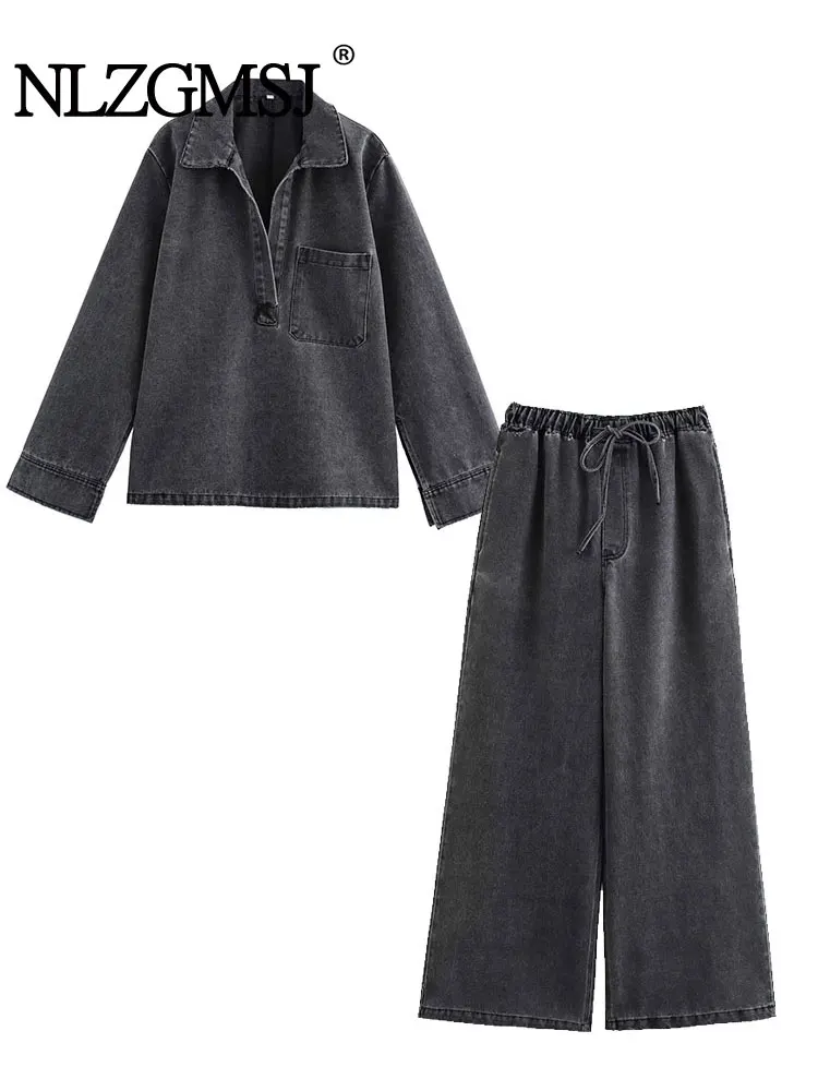 2024 Autumn Jeans Sets Women Turn-down Collar Casual Top Fashion High Waist Streetwear Female Denim Pant Two Piece Set