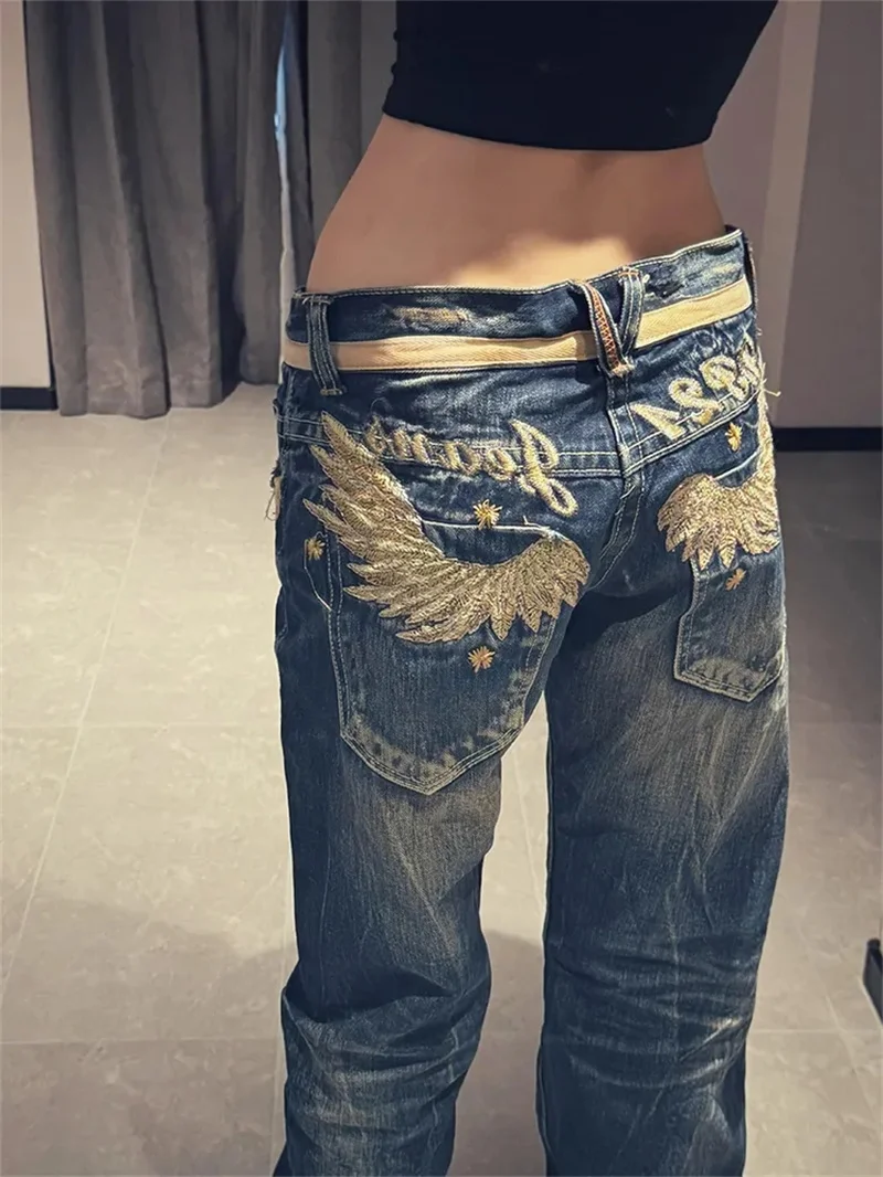 American Personalized Gold Wing Embroidered Jeans Children's 2025 Spring Hot Girl Design Sense Low Waist Micro Flared Pants