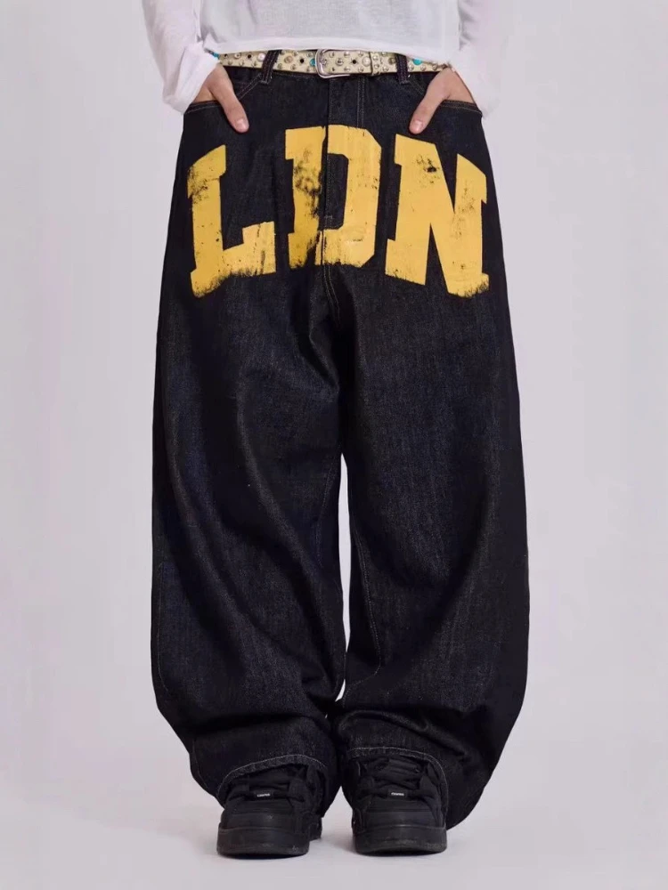 American Vintage Letter Print Jeans Women's Black Gothic Y2k Loose Denim Pants Fashion Hip Hop Wide Leg Casual Streetwear