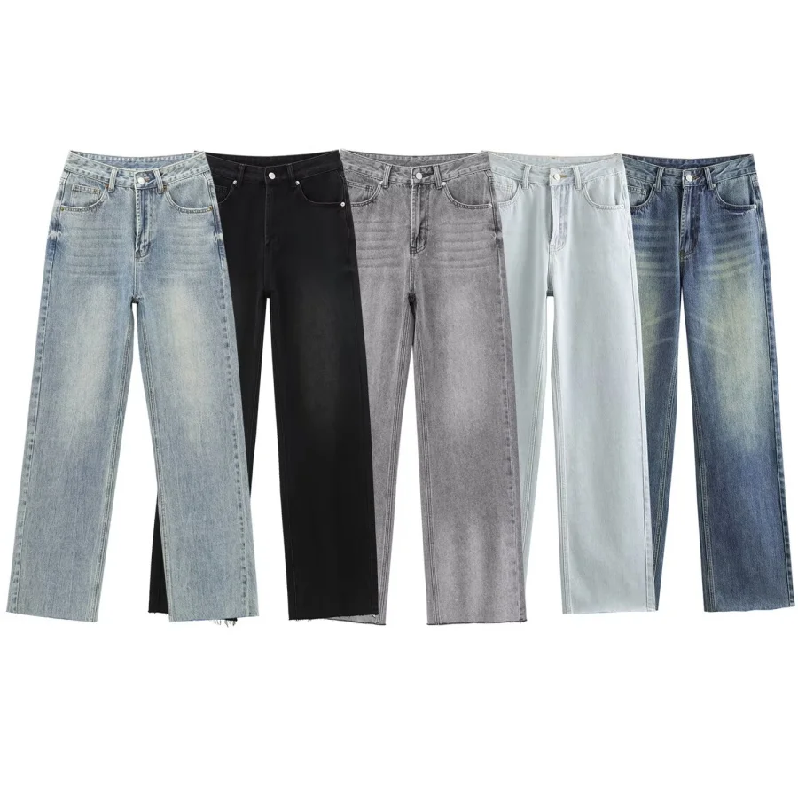 ETJ Wide-leg high-waisted jeans women's classic everything with five pockets washed soft comfortable ultra-long jeans6045022
