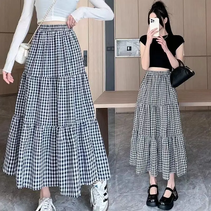 Patchwork Tiered Skirt Women 2025 Summer Vintage Checkered High Waisted Elastic Waist Slimming Midi Skirt