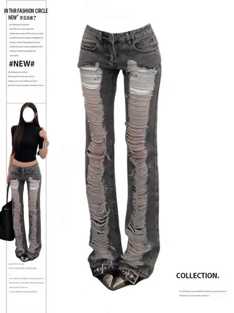 Women's Grey Ripped Skinny Jeans Harajuku Vintage Y2k Denim Trousers Japanese 2000s Style Emo Oversize Jeans Long Pants Clothes