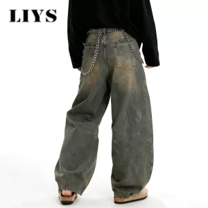 American Retro Baggy Wide Leg Jeans Men's Korea Streetwear Distressed y2k Clothing Casual Daily Four Seasons Denim Pants Unisex