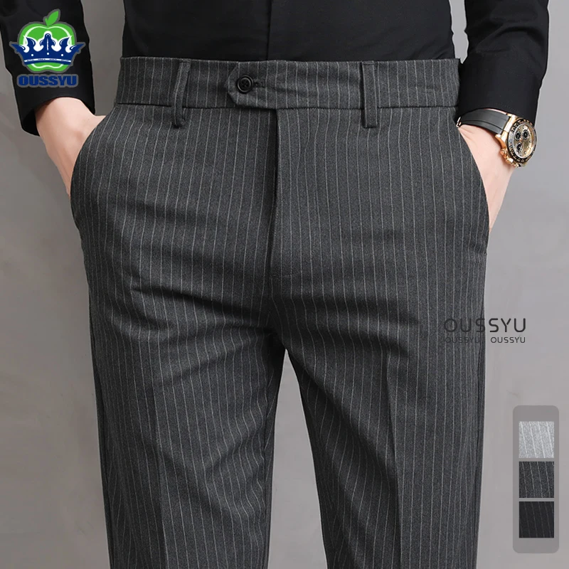 England Stripe Pattern Formal Dress Slim Fit Pants Men Summer Thin Light Gray Black Breathable Korea Skinny Casual Trousers Male
