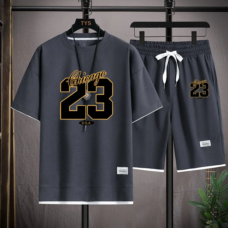 High Quality Men's Korea Comfortable and Summer Fashion Print Sports Suit Fitness Jogging Daily Casual Wear Beach Shorts Set