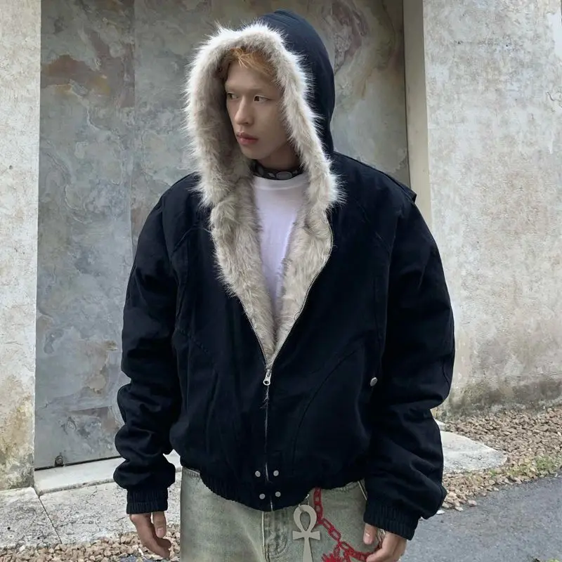Hoodies Y2k Oversized Tops Mens Winter Clothes Streetwear Hip Hop Fox Fur Thick Korea Zip Up Hoodie Punk Hombre Kpop Coats Men