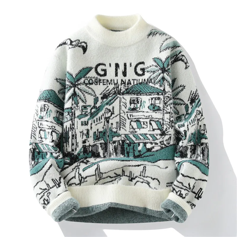 Men's thicken Fashion print Sweater 2024 Winter korea style fashion men wool fashion Warm Sweaters Men wool pullovers male