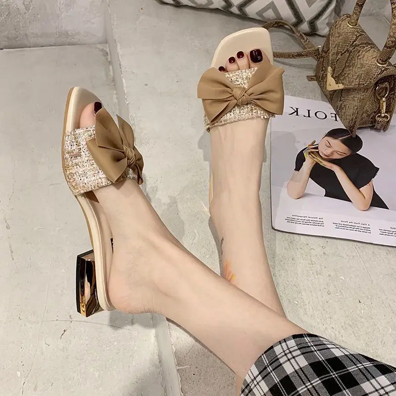 Slides with Heel Open Toe Women's Slippers and Ladies Sandals Beige Bow Shoes Designer Luxury 2025 Unique Korea Style Vip 39
