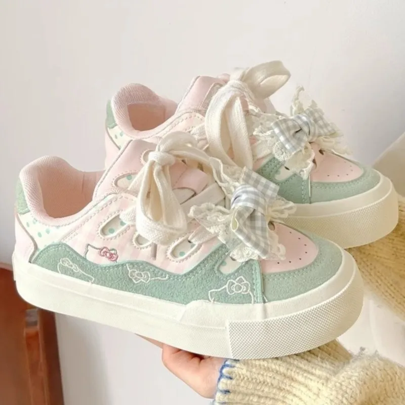 2025 New Korea-Style Chunky Sneakers Women White Platform School Shoes Versatile Spring Casual Cute Bowknot Platform Sneakers