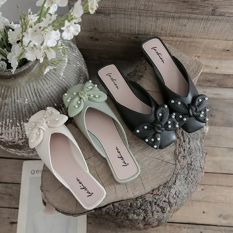 Indoor Slides Sandals Job Soft Mules Leather Outside Low Heel Pearl Woman Slippers Shoes for Women Easy Wears W Korea Style Shoe