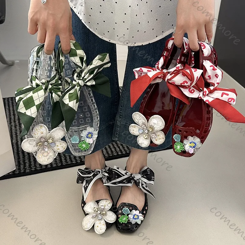 2025 Korea Style Jelly Flats Fashion Lace Band Shoes Accessories Women Loafers Hollow Square Toe Women Beach Sandals Soft Sole
