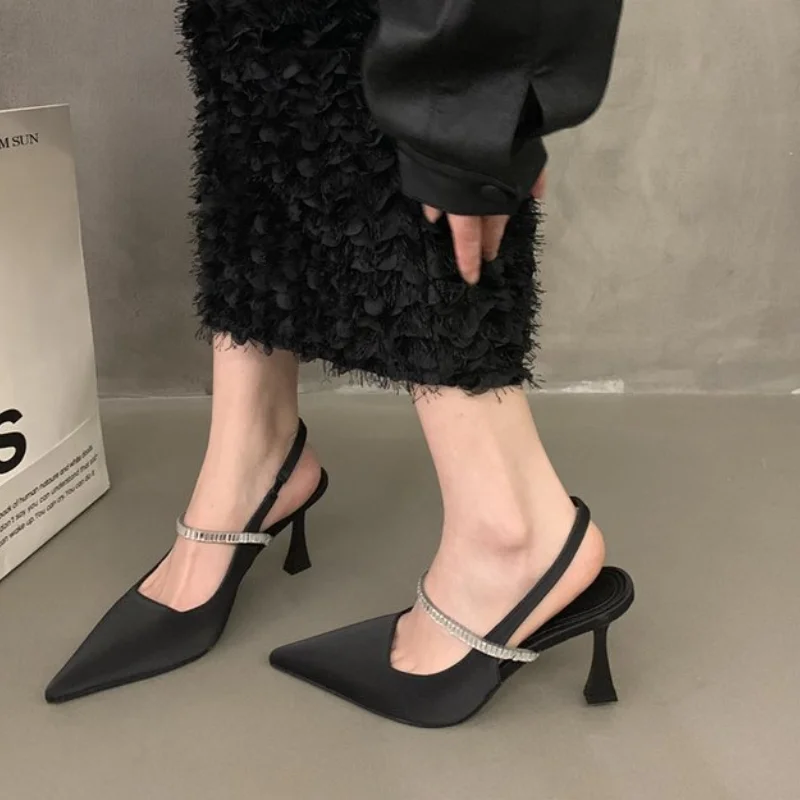 High Heels Summer 2024 Diamond Footwear Ladies Shoes Sandals for Women Rhinestones Heeled Pointed Toe Pumps Daily Korea Casual