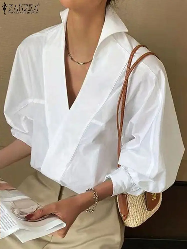 ZANZEA Women Fashion Blouse Autumn Elegant Office Lady Shirt 2025 Chic Deep V Neck Puff Long Sleeve Tunic Tops Lapel OL Blusas