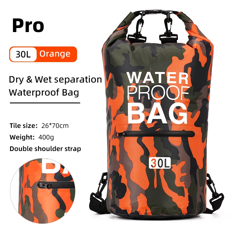30L Waterproof Dry Bags With Wet Separation Pocket Backpack For Kayaking Boating Swimming Outdoor Sports Bag XAZ9