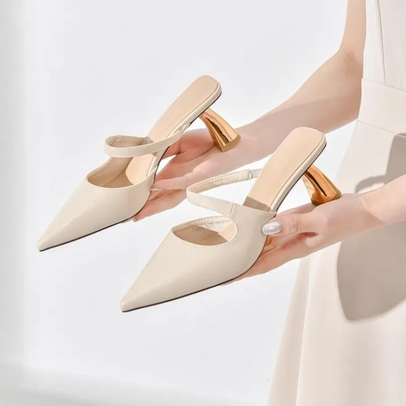 Women's Slippers and Ladies Sandals Leather Sexy Slides Black Shoes Pointed Toe Mules Vip Eva Korea Style Chic Elegant on Sale
