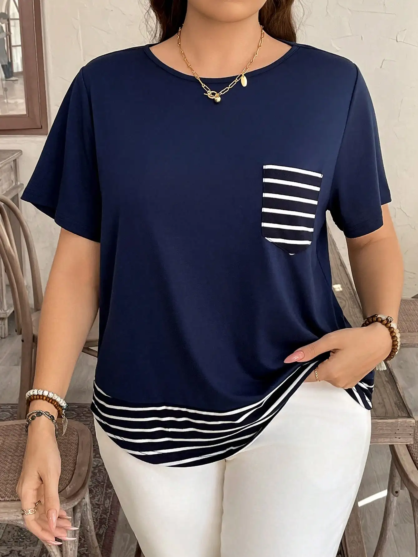 2025 New Summer striped round-neck loose short-sleeved fake two-piece top T-shirt