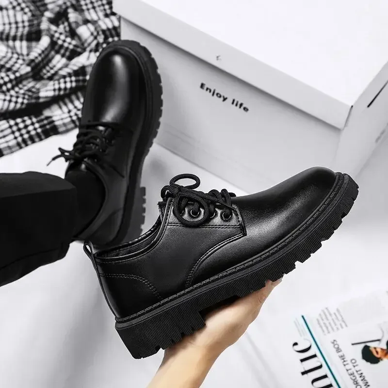 2025 Men Korea Leather Platform Oxfords Slip on Thick Tottom Male Derby Shoes Casual Loafers Mens Square Toe Formal Dress Shoes