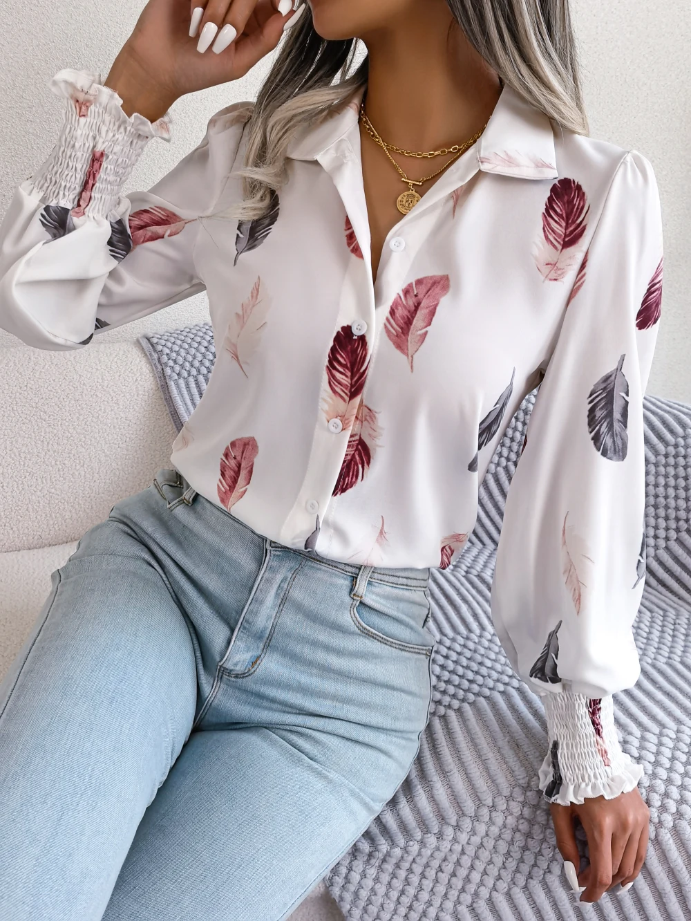 Women's Casual Feather Print Long Sleeve Office Lady Shirts for Autumn Turn Down Collar Buttons Woman Clothing White Pink Blue