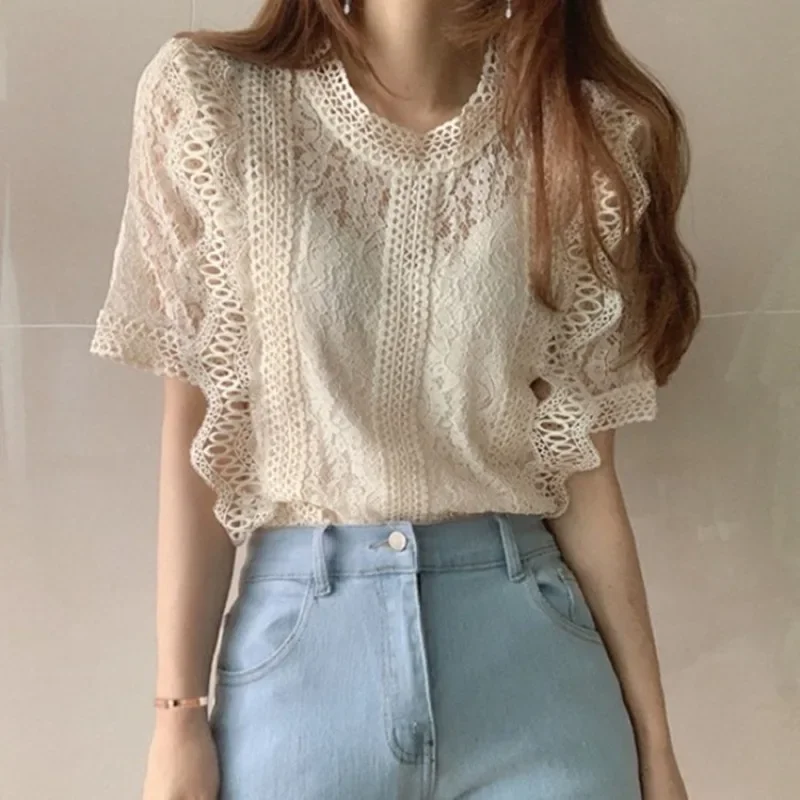 Lace Cropped Blouse Summer Women Short Sleeve O-Neck Shirts Hollow Out Elegant Blusas Y2k Japanese Korea Fashion Retro Slim Tops