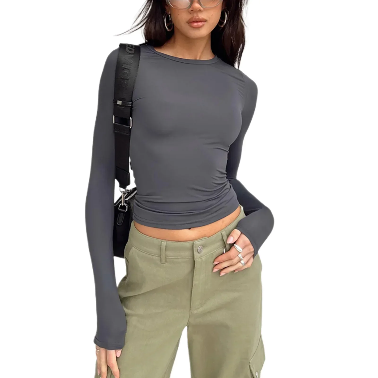 Pink Long Sleeve Basic Tshirt Sexy Crop Top for Women 2024 Spring Autumn Causal O Neck Korea Y2k T-Shirt Slim White Tees Ladies