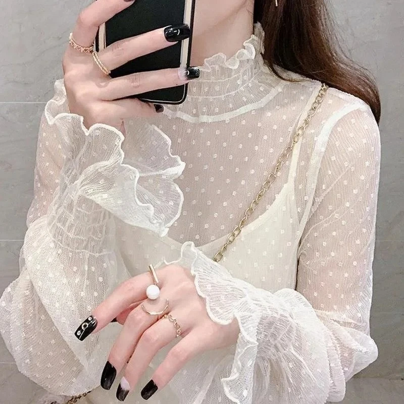Women Sexy Mesh See Through T Shirt Long Bell Sleeve Hollow Out Blouse Summer Transparent Sheer High Neck Bottoming Basic Tee