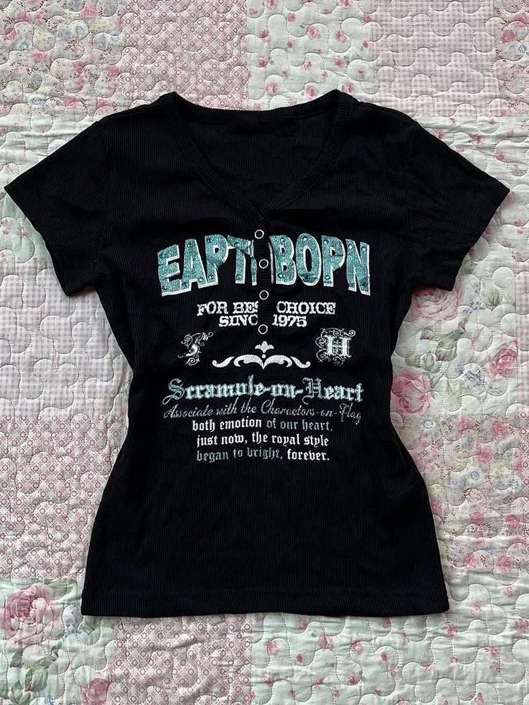 Harajuku Sexy T shirt Women Clothing Streetwear Hip Hop Korea Aesthetic Femme Short sleeve Letter Graphic Tee Punk Y2k Crop Tops