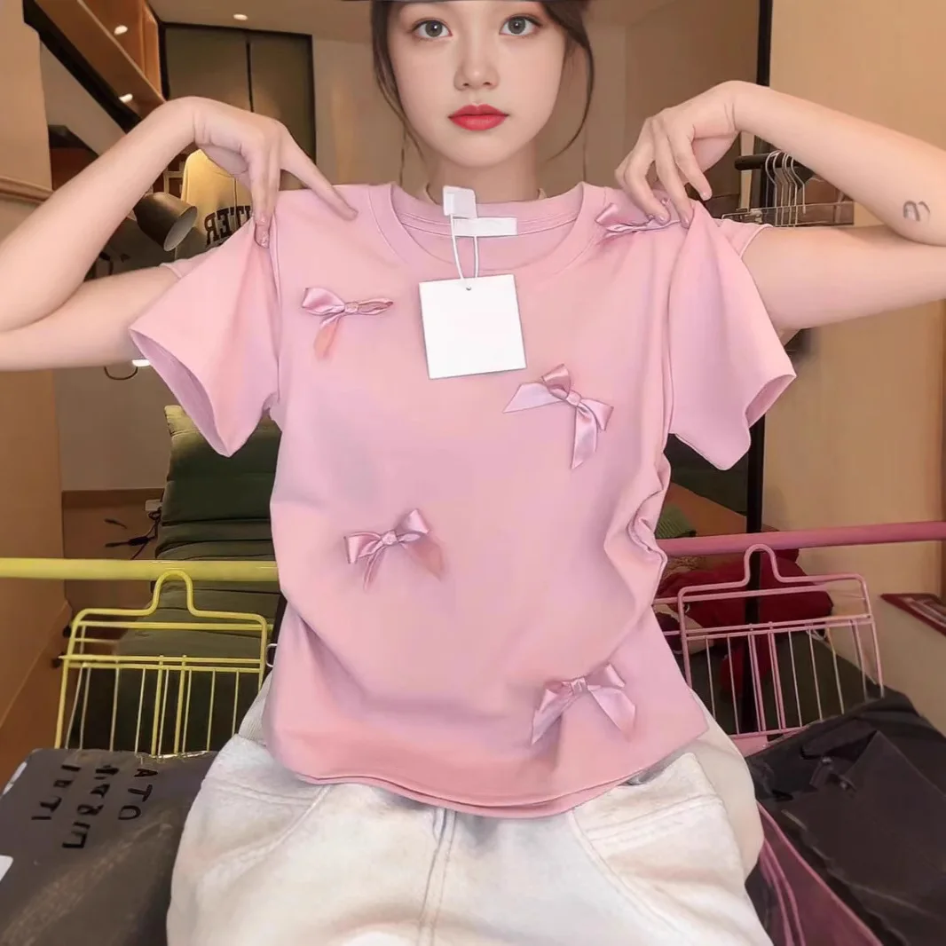 Cotton Korea Dongdaemun 2025 Summer Women's Clothing New Round Neck Bow Sweet Age Reducing Short Sleeve T-shirt for Women