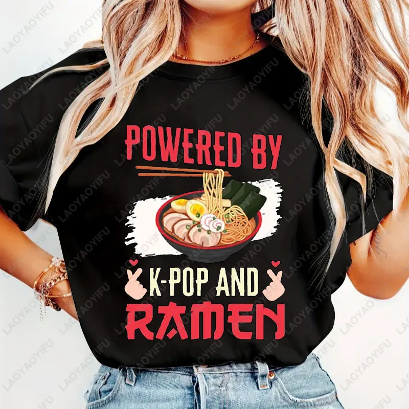 Funny Powered By K-Pop and Ramen Japanese Noodles Bowl Kpop Heart South Korea Music T-Shirt Kpop Lover Gifts Shirt Unisex Tees