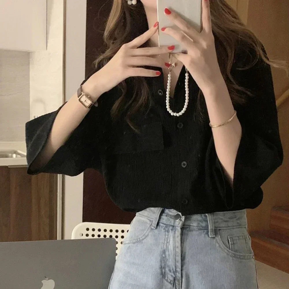 Korea Blouses Women Summer French Single-Breasted Round Neck Lace Clothing Design Sense Fold Shirts Top