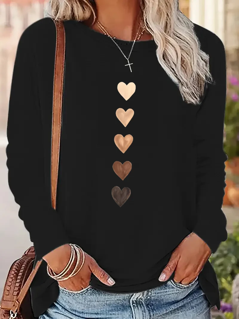 Y2k Love Heart Printed Long Sleeve Shirt Vintage T Shirt Women's Print T-Shirt Crew Neck Top Tee Tshirt Casual