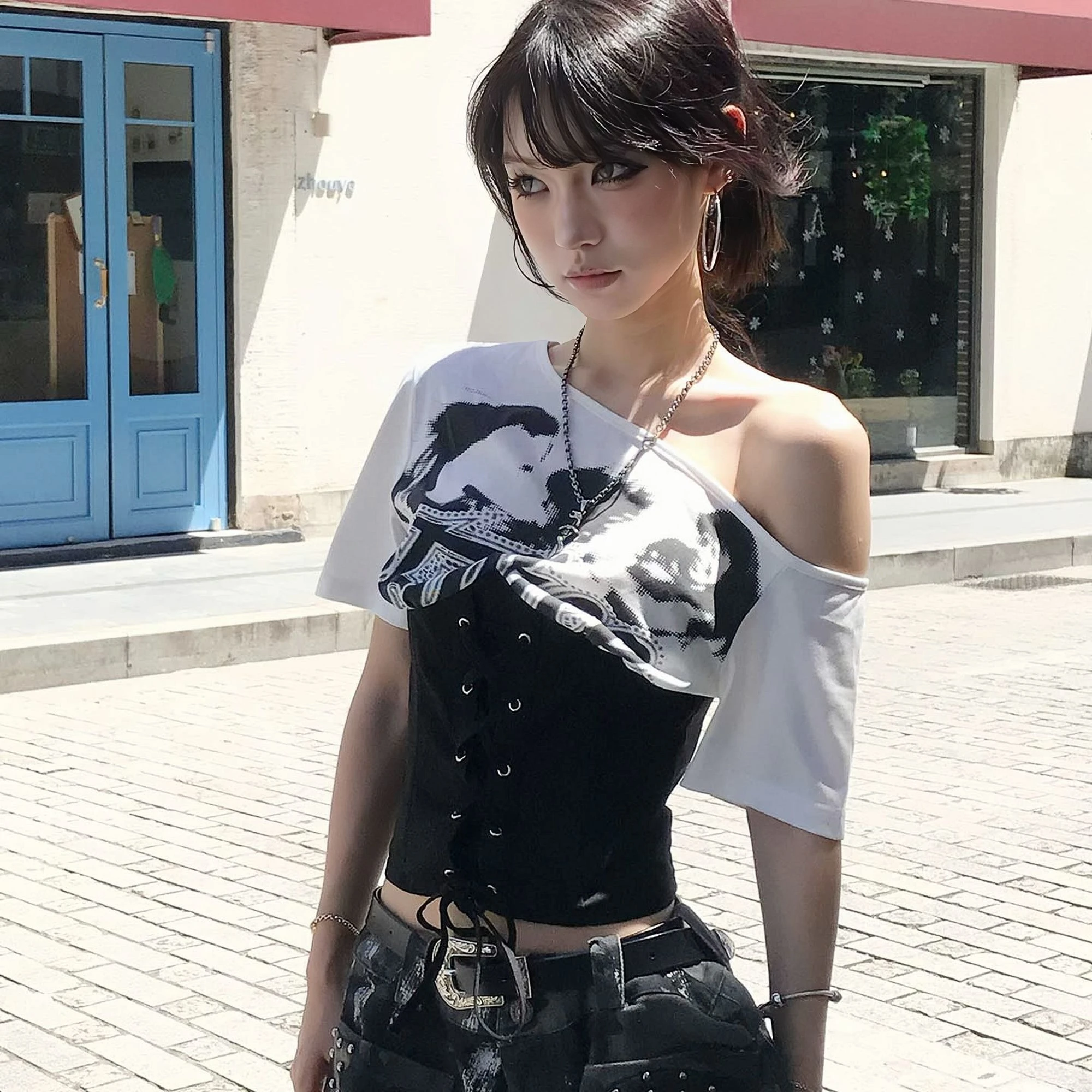 2025 Korea Y2k New T Shirts Women Clothing Off Shoulder Tunic Tees Bandage Slim Streetwear Printed Fashion Sexy Summer Tops