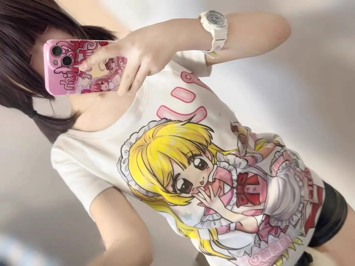 Subculture Aesthetic Crop Top 2000s Korea Anime Sweet Kawaii T shirt Women Clothing White Lolita Cute T shirts Harajuku Y2k Tops