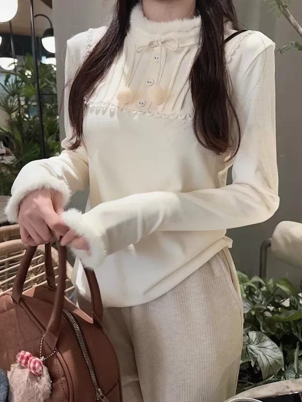 Japanese Kawaii Lolita Blouse Women Y2k Fur Collar Sweet Bottoming Shirt Female Korea Chic Long Sleeve Casual Tops