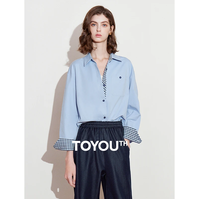 TOYOUTH Women Striped shirt, spring 2025 new cavalry diagonal collar spliced pure cotton shirt